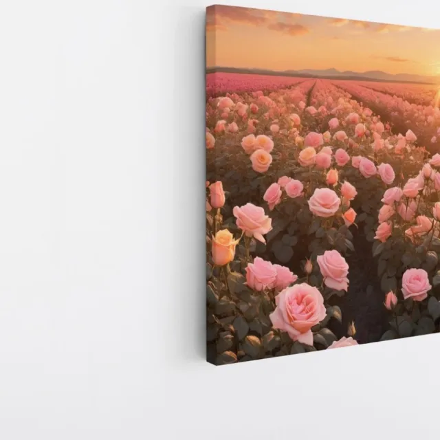 Saammp Canvas Schilderij - Landschap -Bloemen - Roze - Zonsondergang - Natuur - 30x30 - Foto op canvas - Wanddecoratie - Muurdecoratie Woonkamer - Slaapkamer decoratie - Canvas Print Multicolor