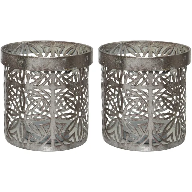 Decoris Waxinelicht houders set - 4x - metaal - grijs - bloemenpatroon - Windlichtjes - kaarsenhouders