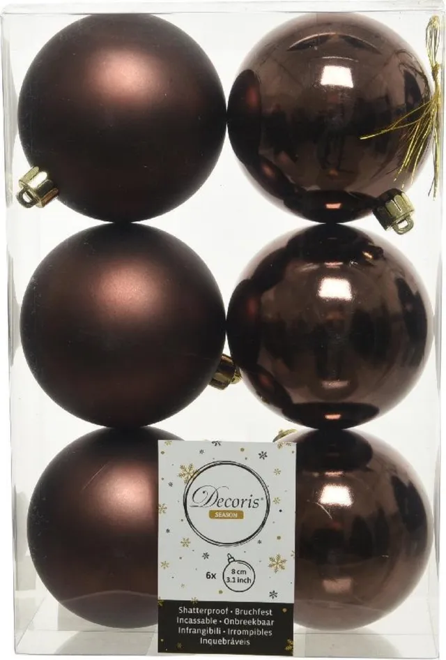 Decoris kerstbal plc d8cm d.bruin 6st Transparant