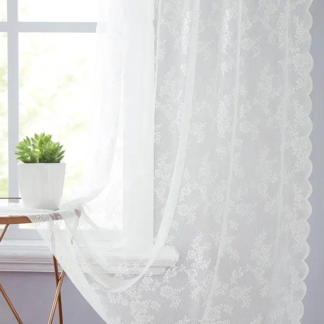 Qelus Kant Vitrage met Bloemen - Transparant Gordijn met Broderie - Romantisch Kanten Gordijn - Tunnelzoom - Vintage Decoratie - Rideau Dentelle Floral - B150xH180cm Wit - 1 Stuk