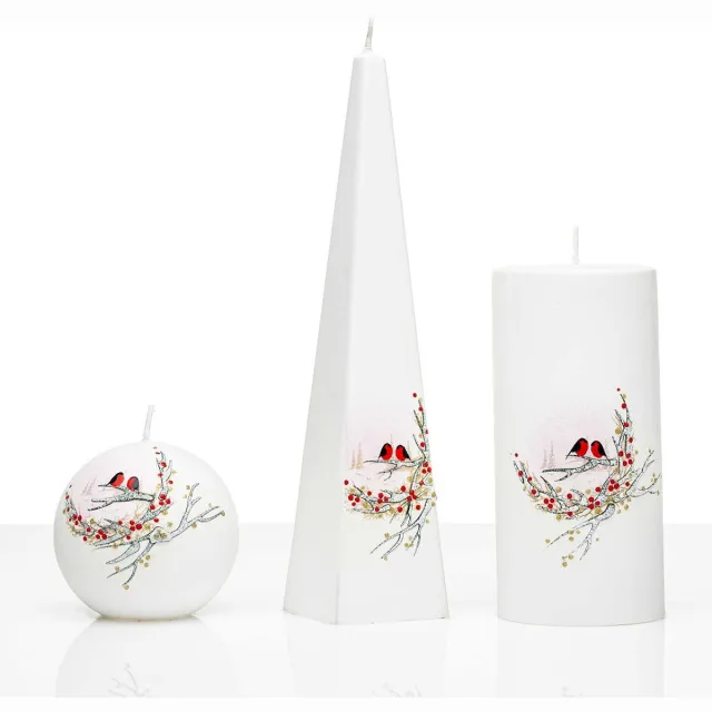 Jakelis Kaarsen - Set - Handgeschilderd - Vogels met besjes -kaars Rood/zwart/wit