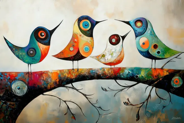 John Joseb Art (Aluminium) 60x40 | Vogels op een tak, abstract, Picasso, Joan Miro stijl, modern surrealisme, kleurrijk, kunst | dier, vogel, blauw, geel, grijs, rood, modern | foto-schilderij op dibond, metaal wanddecoratie Aluminium, dikte 3 mm