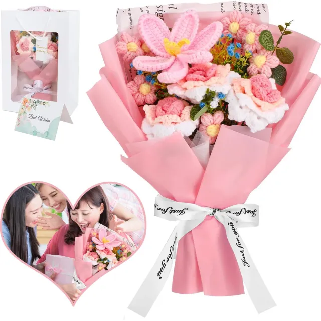 NCRealher Boeket Van Gehaakte Bloemen - Handgemaakt Gebreid Rozenboeket - Cadeauset Met Cadeautas En Wenskaart