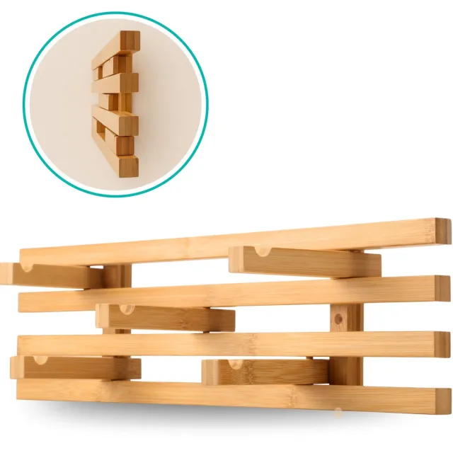 BUDDLEY Wandkapstok met Inklapbare Haken - Bamboe - 5 Haken - Kapstok Inklapbaar - Inklapbare Kapstok - Opvouwbare Kapstok - Kapstok Hangend - Kapstok Wand - Kapstok Muur - Bamboe Kapstok - Ophanghaken - Hal - Gang - Entree - 50 cm - Naturel
