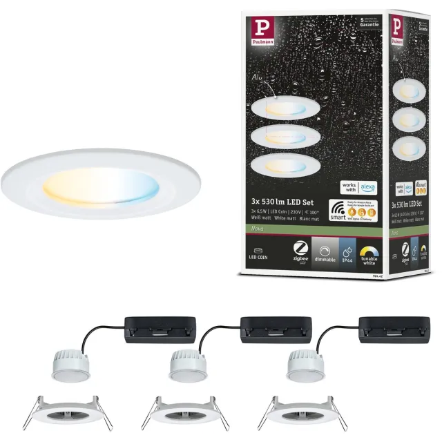 Paulmann LED-inbouwlamp Nova Coin IP44 rond 78 mm Tunable White 3x6W 3x530lm 230V Wit mat Aluminium