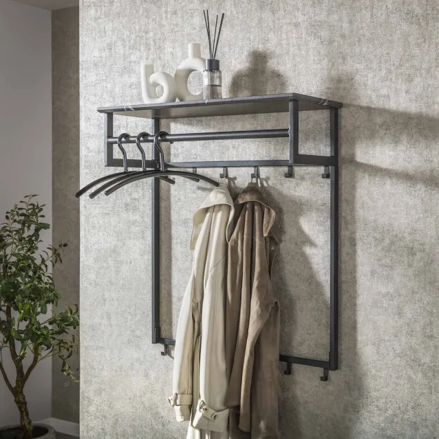 Dimehouse Kapstok Kris 12-Haaks Zwart - Met Roede & Hoedenplank 3D melamine graphite