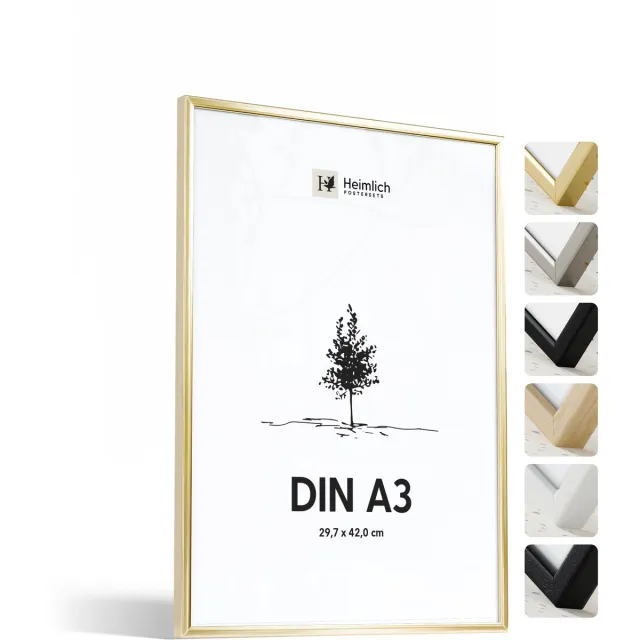 Heimlich Fotolijst A3 (29,7x42 cm) - Posterlijst Metaal Goud - Wandhangend - Onbreekbaar Kunststof Glas