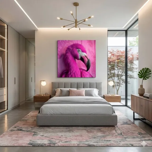 Insigne Art Glasschilderij Flamingo Portret - Moderne Wanddecoratie Roze Vogel - Luxe Wandkunst voor Woonkamer & Slaapkamer - 50x50 cm - Premium Veiligheidsglas