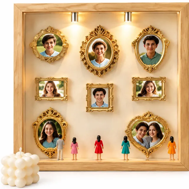 SWGOTA Witte MDF-displaylijst met binnenmaat 15 x 20 cm - Tafeldecoratie met 8 miniatuurlijstjes en 8 willekeurige figuurtjes