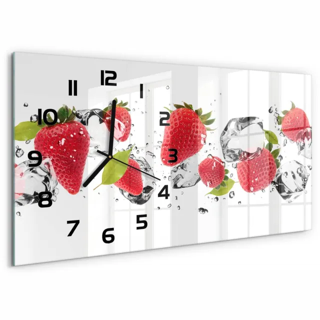 TULUP Wandklok - Aardbeien en water Wandklok Glas Decoratie - 60x30 cm - Rood Gekleurde Glazen Klok - Zwarte handen - Rechthoekige Klok - Klok Glas Met Opdruk - Moderne Wandklok Glas