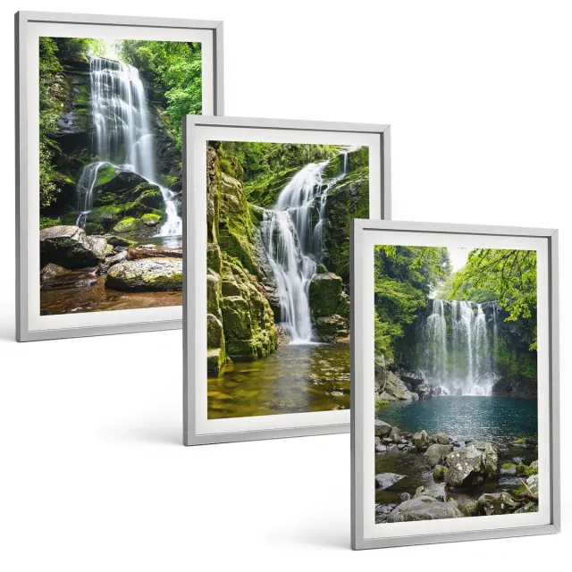 Coloray 3-Delige Schilderij Set - Watervallen In Een Groene Omgeving Met Stenen En Water. - 40 x 60 cm - Muurdecoratie - Schilderijen Set - Woonkamer - Moderne Wanddecoratie Zilveren lijst