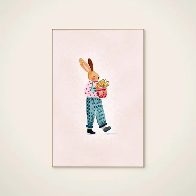 HelloWalls Akoestisch schilderij - 80 x 120 cm - Whimsical Bunny with Flowers van Abigail Morales - Abstracte wanddecoratie - goud textielframe Meerkleurig