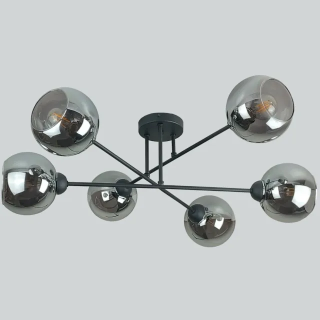 Keter Lighting Vasco Black Smoky Plafondlamp 6xE27 – Zwart Metaal & Rookglazen Lampenkappen