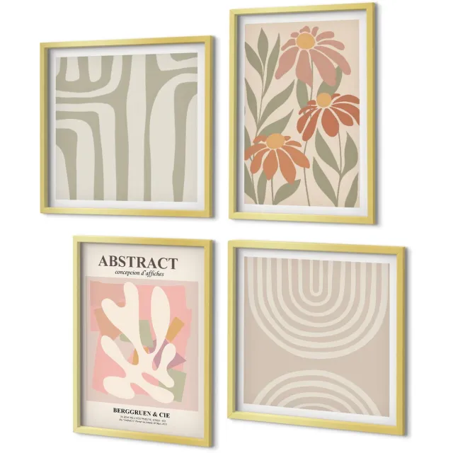 Coloray 4-Delige Schilderij Set - Abstracte vormen met plantmotieven in pastelkleuren. - 40 x 40 cm en 40 x 60 cm - Decoratieve Schilderijen - Woonkamer - Interieur - Woonkamer Decoratie Gouden lijst