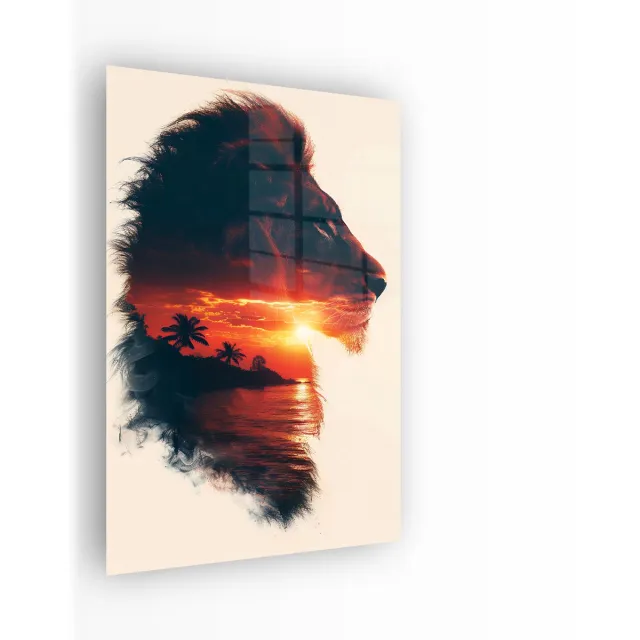 Indoorart Glasschilderij Leeuw Zonsondergang 80x120 CM - Afbeelding op plexiglas - Inclusief montagemateriaal zwart, wit, bruin, geel, oranje