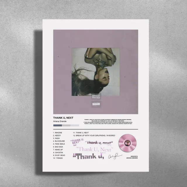Luxe poster Ariana Grande - Thank U, Next - Metalen Poster 30x40cm - album cover Roze