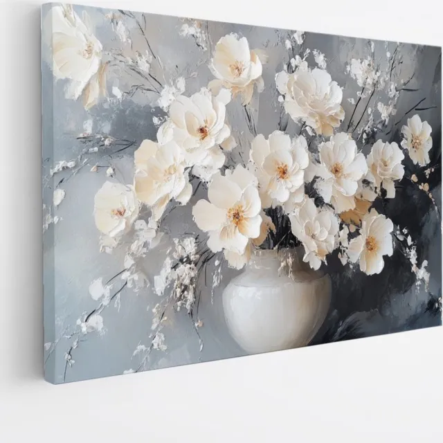 Saammp Canvas Schilderij - Witte Bloemen in een mooie vaas - Natuur - Abstract - 150x100 - Foto op canvas - Wanddecoratie - Muurdecoratie Woonkamer - Woonkamer Decoratie Multicolor