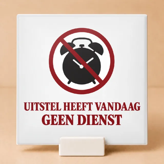 Bedruk King Strakke minimalistische Tegel met quote "Uitstel heeft vandaag geen dienst" – Modern statement voor thuis en kantoor - 15 x 15 cm met houder Wit