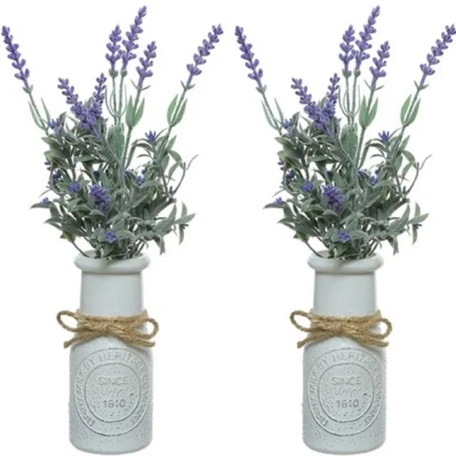 Decoris Lavendel kunstplant - 2x stuks - in witte pot - paars - H32 cm - lavandula