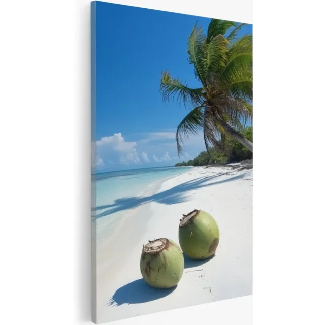 Saammp Canvas Schilderij - Strand met kokosnoten - Zee - 40x50 - Foto op canvas - Wanddecoratie - muurdecoratie Woonkamer - Slaapkamer decoratie - Canvas Print Multicolor