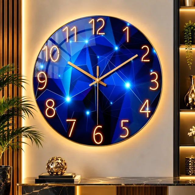 Rojellaa Ronde Wandklok met Blauw Geometrisch Patroon en Oplichtende Cijfers