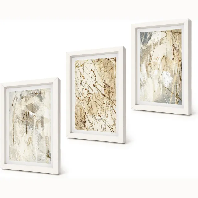 Coloray 3-Delige Schilderij Set - Abstracte patronen in beige en grijze tinten. - 20x30 - Muurdecoratie - Wanddecoratie - Hal - Interieur Decoratie Witte lijst