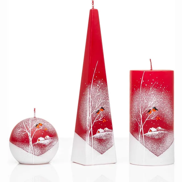 Jakelis Kaarsen - set van drie - Rood - Handgeschilderd - Sneeuw en vogels - kerst Wit