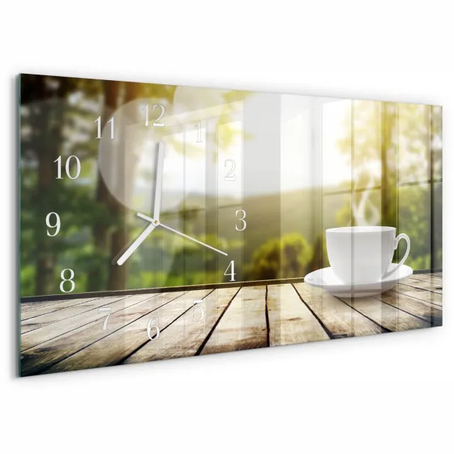 TULUP Wandklok - Koffie Glazen Klok Met Print - 60x30 cm - Groente Moderne Glazen Wandklok - Witte Handen - Rechthoekige Wandklok - Moderne Wandklok Glas - Wandklok Glas Decoratie Groente - Koffie