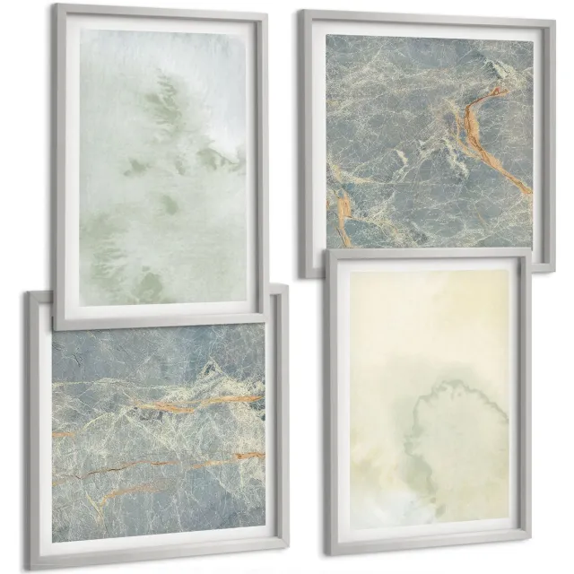 TULUP 4-Delige Schilderij Set - Pastel aquarelverf op canvas, textuurverf - 40 x 40 cm en 40 x 60 cm - Wanddecoratie - Moderne Interieurdecoratie - Woonkamer Decoratie Zilveren lijst