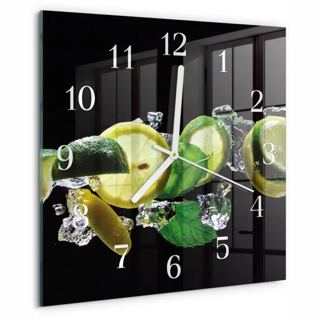 TULUP Wandklok - Citroen en limoen Glazen Wandklok Design - 30x30 cm - Groente Klok Glas Met Opdruk - Witte Handen - Vierkante Wandklok - Wandklok Glas Decoratie - Gekleurde Glazen Klok Groente - Citroen en limoen