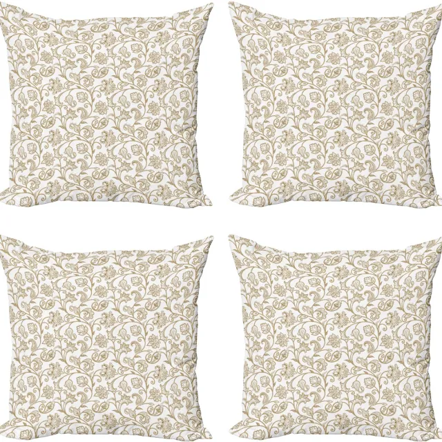 ABAKUHAUS Etnisch Sierkussen Kussenhoes 4er Set, Bloemen Paisley-Motief, Modern Accent Dubbelzijdige Digitale Print, 40 x 40 cm, Staub Kamel en Wit