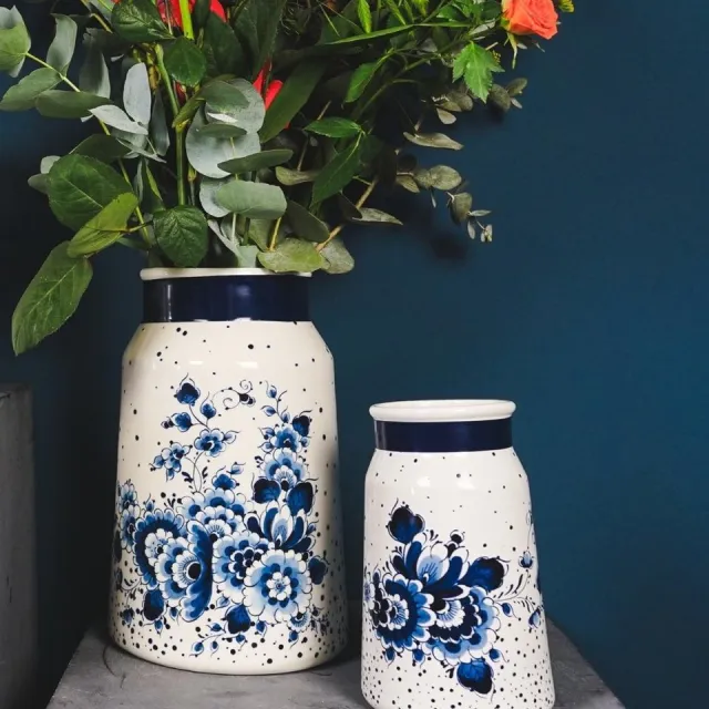 Heinen Delfts Blauw Melkbusvaas - Blauwe Stip - Groot - Hoogte 30 cm. DelftsBlauw met wit