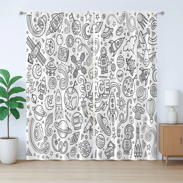 ABAKUHAUS Rustiek gordijn voor de kleuterschool, Astro Sketch Planeten, met lussen en haken voor de woonkamer, 280 x 175 cm, Wit en Zwart
