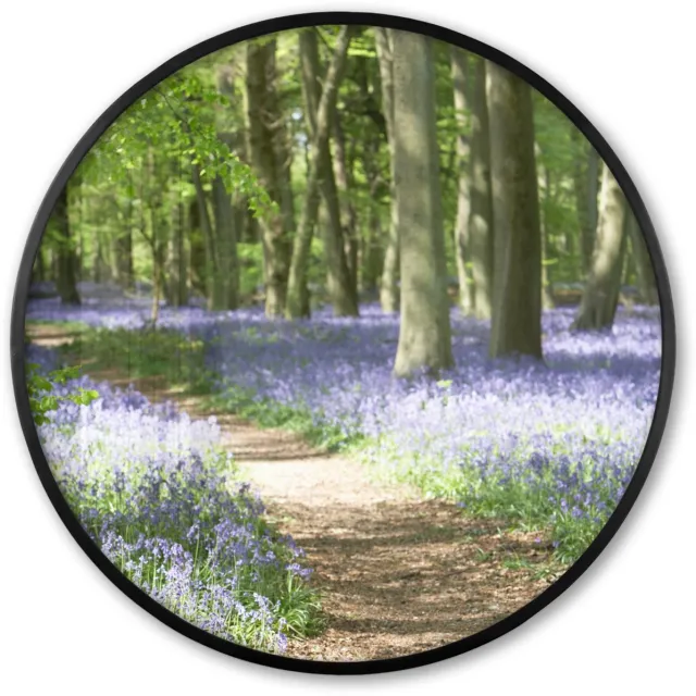 FrameYourWall Poster in lijst Rond - Fotolijst 80x80 cm - Posters - Bos - Pad - Bloemen - Paars - Groen - Natuur - Ronde posterlijst zwart - Decoratie - Wanddecoratie woonkamer - Muurdecoratie slaapkamer