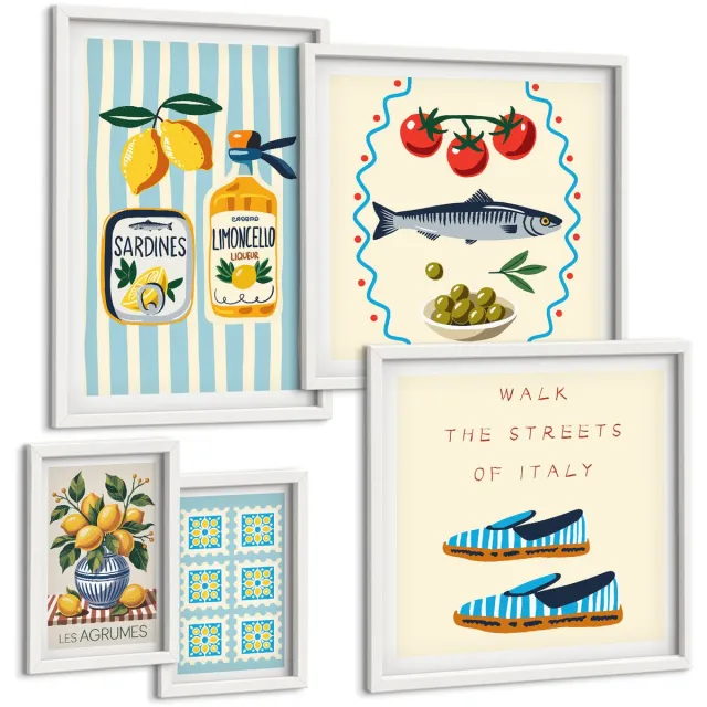 Coloray 5-Delige Schilderij Set - Keukeninspiratie Uit Italië: Citrusvruchten En Zeevruchten - 50 x 50 cm, 20 x 30 cm En 40 x 60 cm - Stijlvolle Muurdecoratie - Kantoor - Wanddecoratie Witte lijst