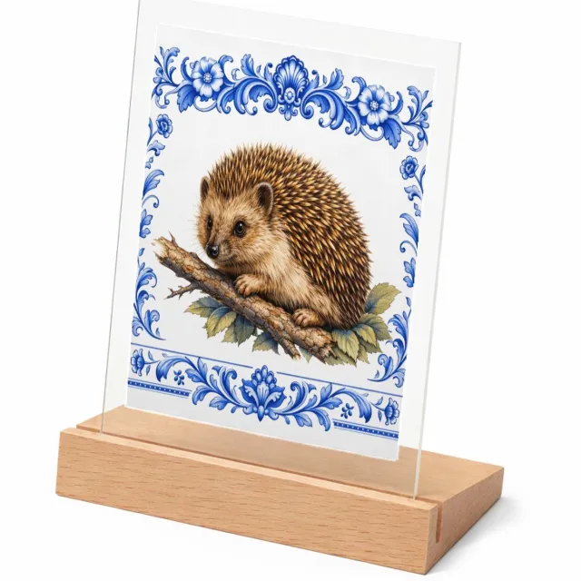 Mr Cadeautjes Glasframe met vaste tekst - design Een realistische egel op een tak of tussen bladeren, omringd | cadeau Wit