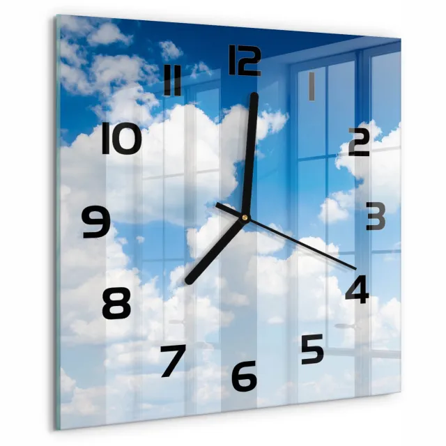 TULUP Wandklok - Wolken aan de hemel Wandklok Glas Met Motief - 30x30 cm - Blauw Decoratieve Glazen Klok - Zwarte handen - Vierkante Klok - Gekleurde Glazen Klok - Glazen Klok Met Print
