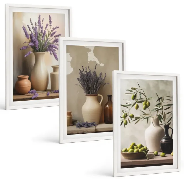 TULUP 3-Delige Schilderij Set - Bloemen in vazen, olijven en natuurlijke decoraties. - 40x60 - Stijlvolle Muurdecoratie - Slaapkamer - Decoratieve Schilderijen Witte lijst