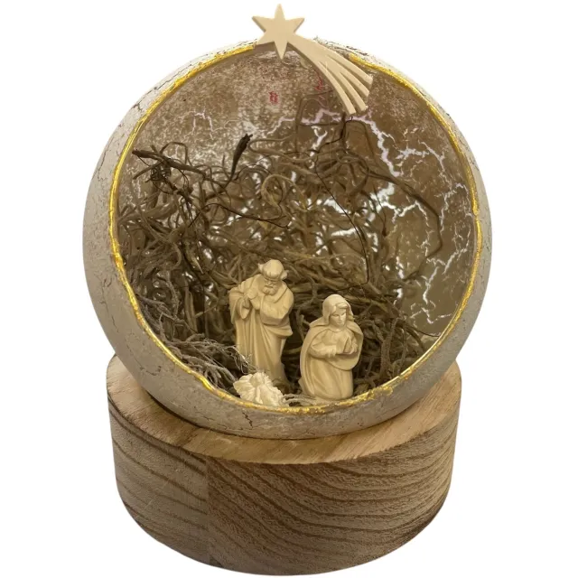 Galerie de voorst Kerststal in Glazen Bol – Crème – Handgemaakt – Craquelé Effect – 12 x 10 cm – Kerstdecoratie crème, wit, grijs