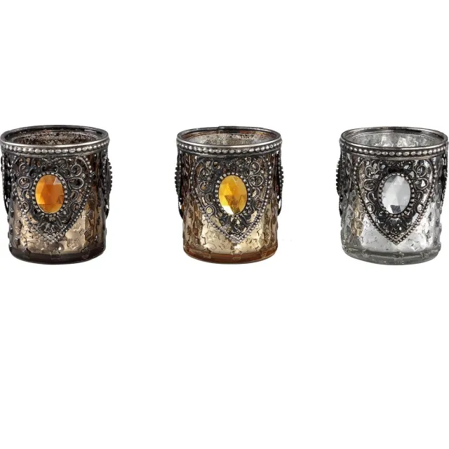 PTMD Arley Rond Theelicht Antiek - H7 x Ø6 cm - Set van 3 - Glas Meerkleurig