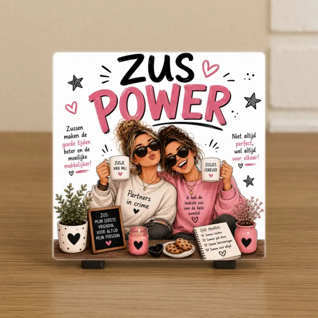 CreaCraft Spreuktegel : Zus power – Tegeltje met tekst - Cadeau voor familie, zus of zomaar – Wenstegeltje - Brievenbuscadeau – CreaCraft