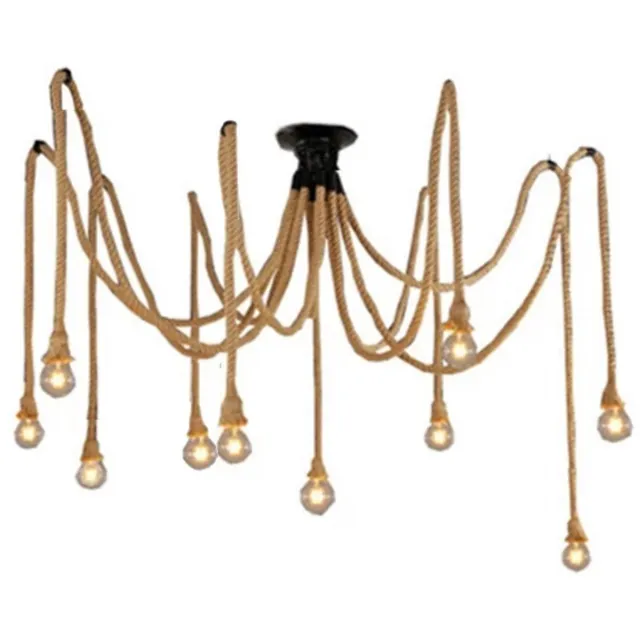 Tovbmup Kroonluchter van henneptouw - DIY kroonluchter van henneptouw - Retro kroonluchter - Geschikt voor restaurant, slaapkamer, woonkamer, hoteldecoratie - 10 E27-fittingen - 2 meter lang bruin