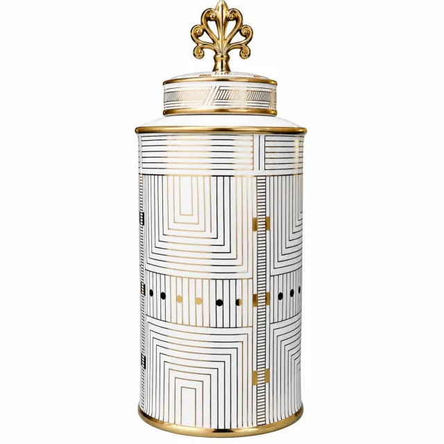 Fine Asianliving Chinese Gemberpot Porselein Wit Goud Geometrisch Handgemaakt D16xH37cm Wit, Goud