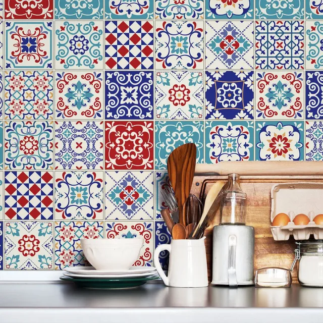 Ambiance Sticker Zelfklevende tegelmuurstickers voor keuken en badkamer - 60 cementtegelstickers, Azulejos Flavia - 60 stickers, 10x10cm Multi color