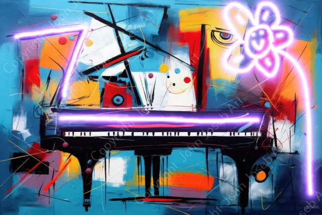John Joseb Art (Canvas) 60x40 | Piano, Herman Brood stijl, abstract, kleurrijk, neon, kunst | rood, geel, blauw, muziek, muziekinstrument, modern | Foto-Schilderij canvas print (wanddecoratie) Canvas, dikte 2 cm