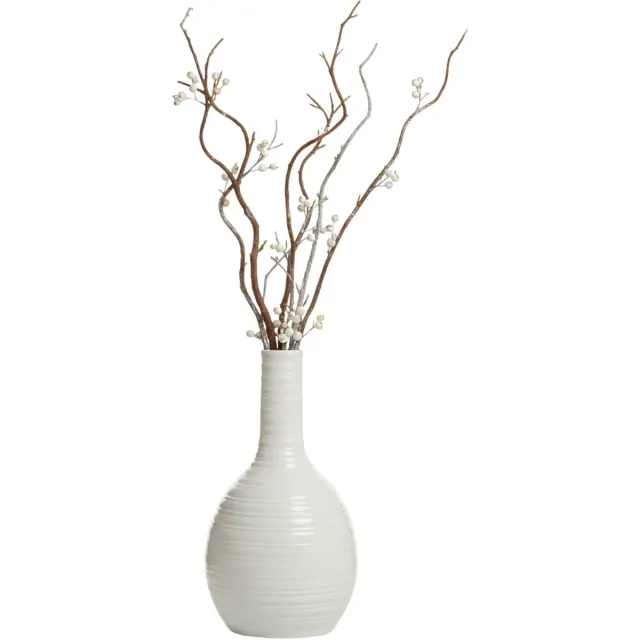 Gerimport bloemenvaas Kalu stripe - wit - keramiek - 16 x 28 cm - decoratie vaas
