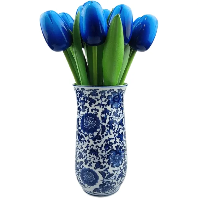 TraaGoods Delftsblauwe vaas met 10 tulpen in kleur blauw/wit (hoogte 34cm)