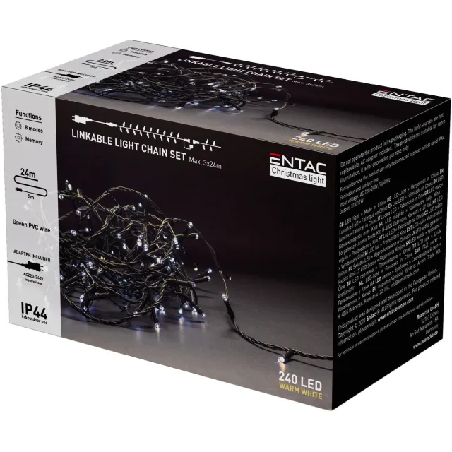 Entac LED Lichtsnoer Kerst 24m - Met Adapter - Kerstverlichting voor Buiten en Binnen - Koppelbaar - Warm Wit Licht