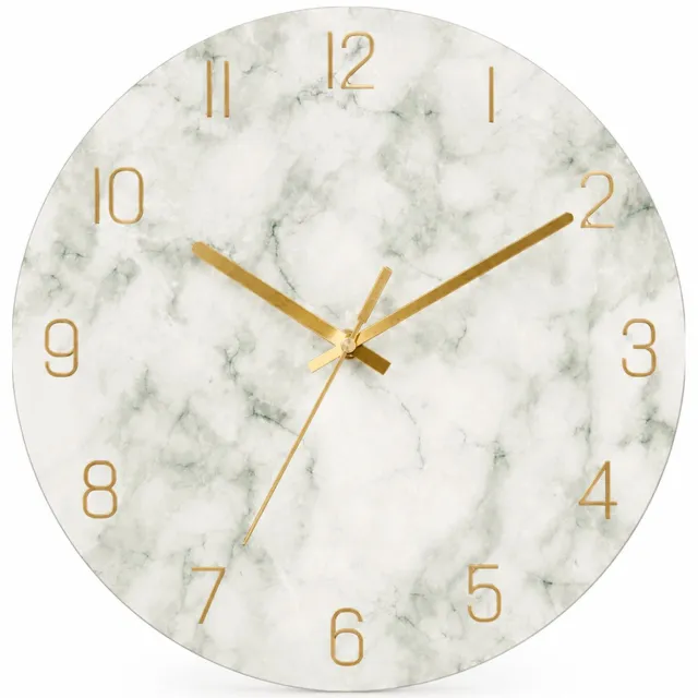 SWGOTA Stille wandklok 12 inch van gehard glas - wit steenmotief met goudkleurige cijfers en wijzers