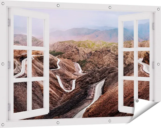 Gards Tuinposter Doorkijk Wegen in het Atlasgebergte, Marokko - Paden - 120x80 cm - Tuindoek - Tuindecoratie - Wanddecoratie buiten - Tuinschilderij Wit